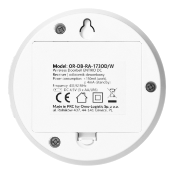 DZWONEK BEZPRZEWODOWY ORNO ENTIKO DC OR-DB-RA-173/W 300m + 3 BATERIE AA