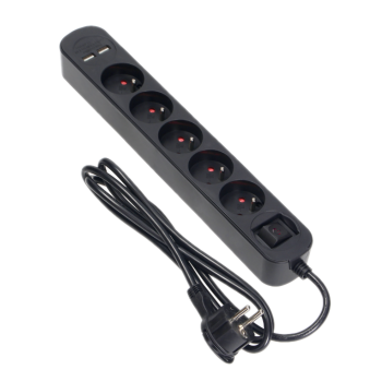 LISTWA PRZECIWPRZEPIĘCIOWA Virone PS-6/B/1,5M 5 GNIAZD + 2x USB PŁASKA WTYCZKA